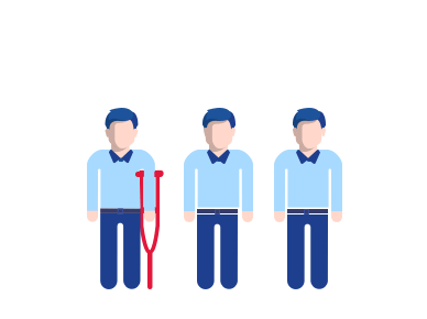 Drei Patienten, von denen einer eine Gehhilfe benötigt