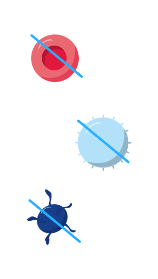 Zytopenie: durchgestrichene rote und weiße Blutkörperchen und Blutplättchen