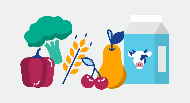 Obst, Gemüse, Getreide, Milchprodukte