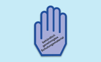 Blaue Hand mit Aufschrift Behördlich genehmigtes Schulungsmaterial